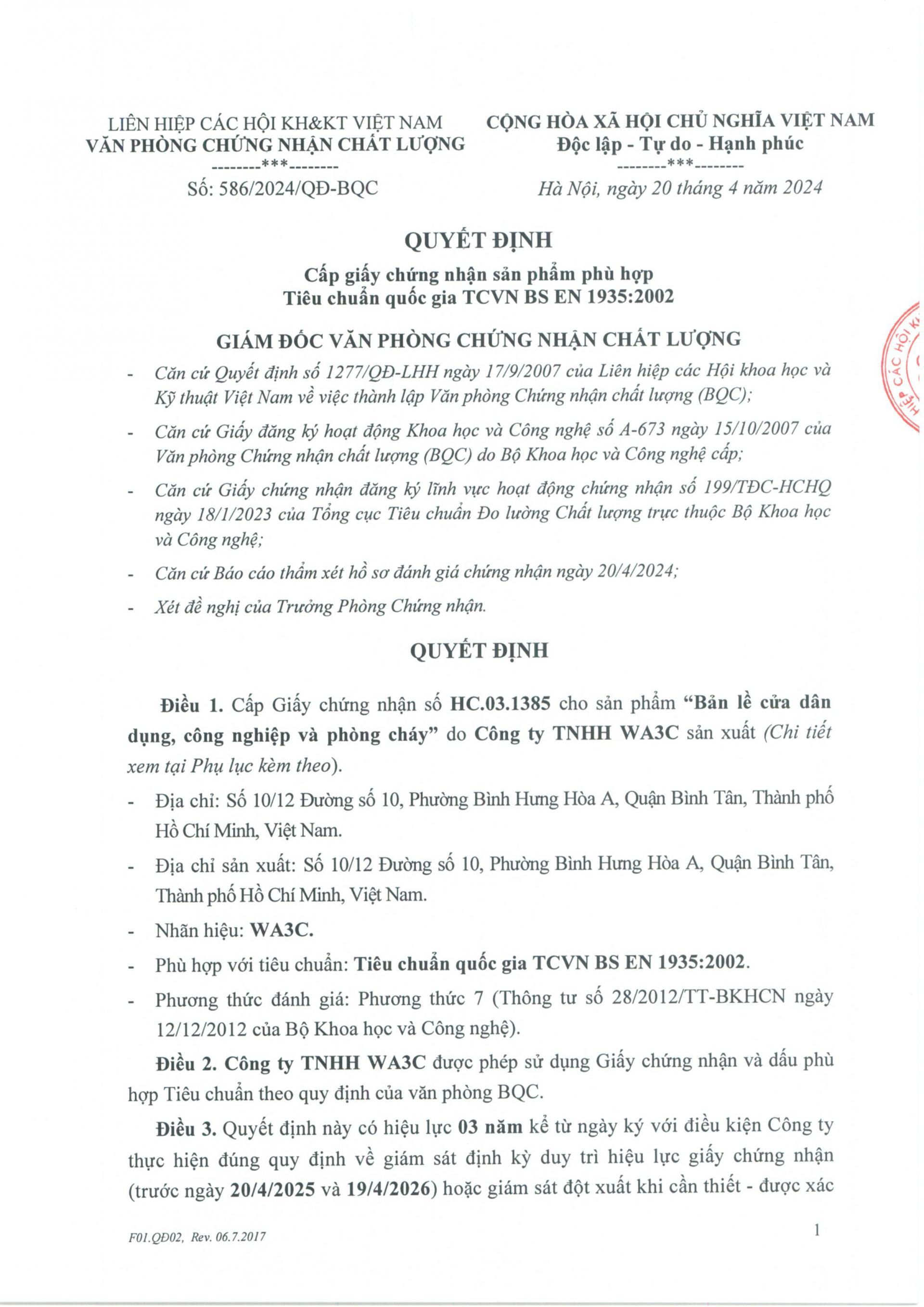 Chứng nhận chất lượng Bản Lề Cửa 02