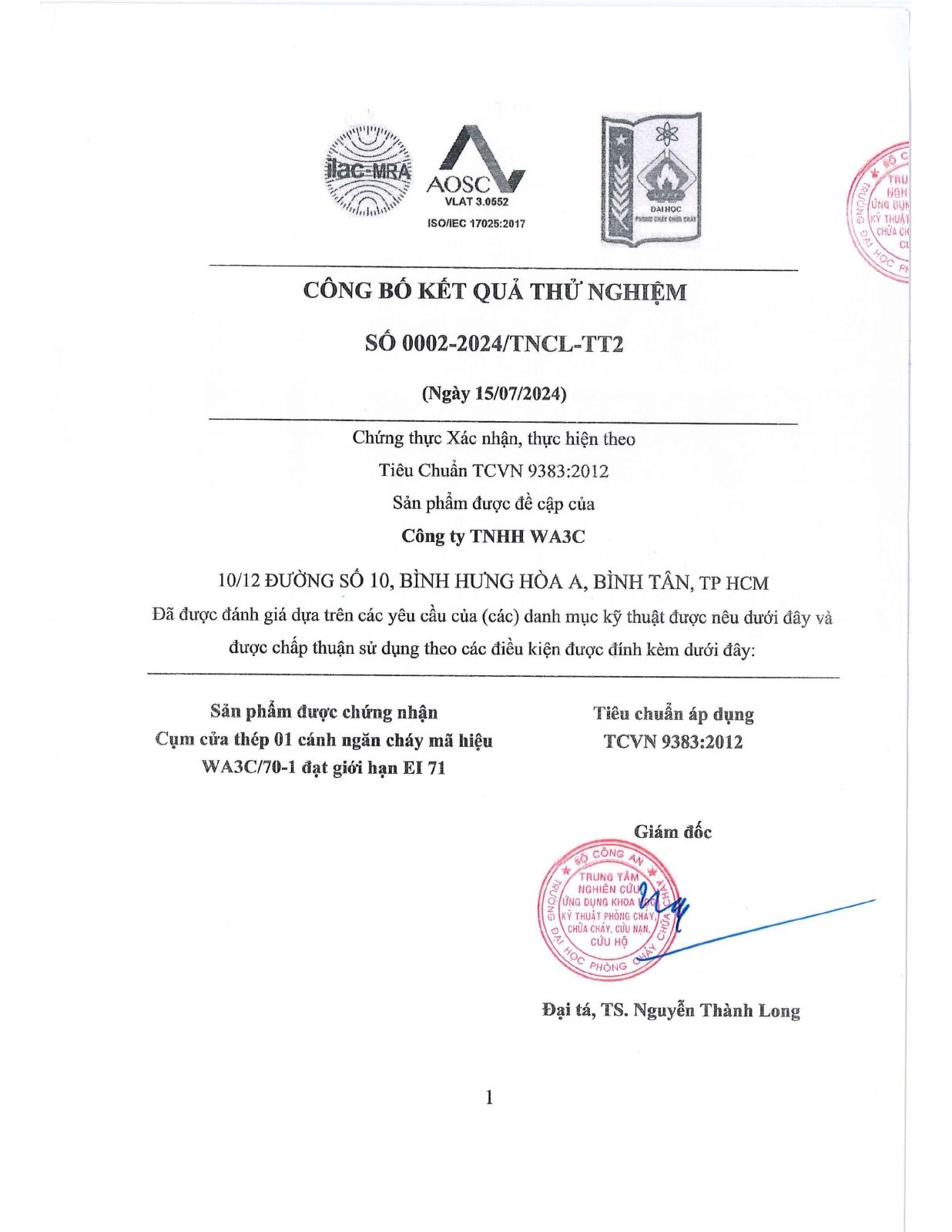Chứng nhận kiểm định PCCC cửa đơn khóa