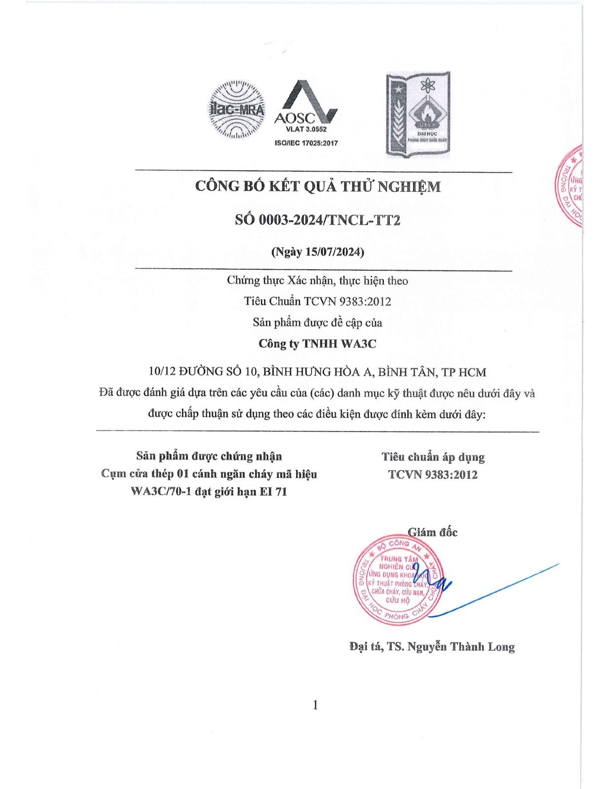 Chứng nhận kiểm định PCCC cửa đơn thanh thoát hiểm